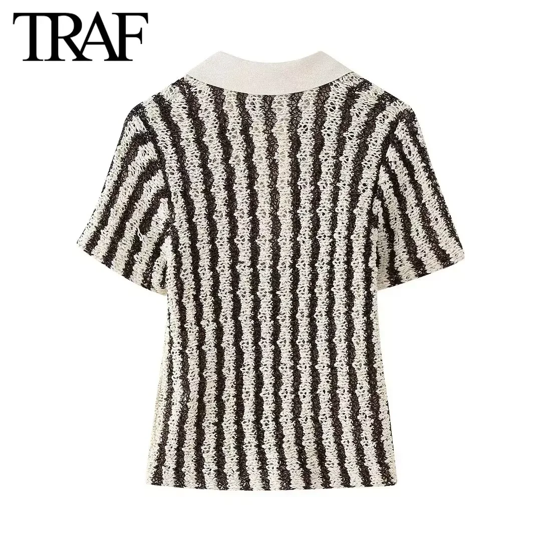 TRAF Women Fashion Summer New Stripes Short Sleeve Lapel Button Tee Casual Wear Pullover Top Chic Female POLO Shirt  Mjuer