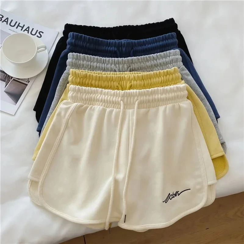 Shorts de moletom largo solto elástico feminino, shorts esportivos elegantes de cintura alta, verão simples