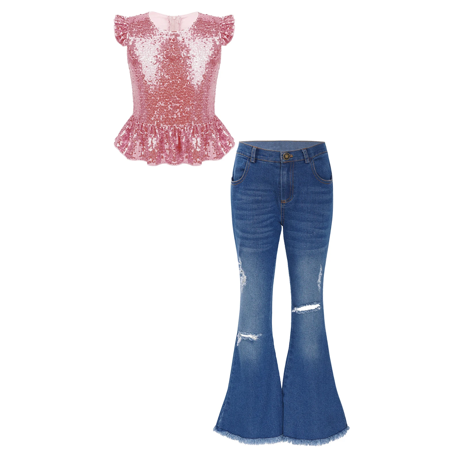 

Kids Girls Sequins Outfits Two-Piece Clothes Set Sparkly Flutter Sleeves Peplum Top with Ripped Flared Jeans Party Dancewear