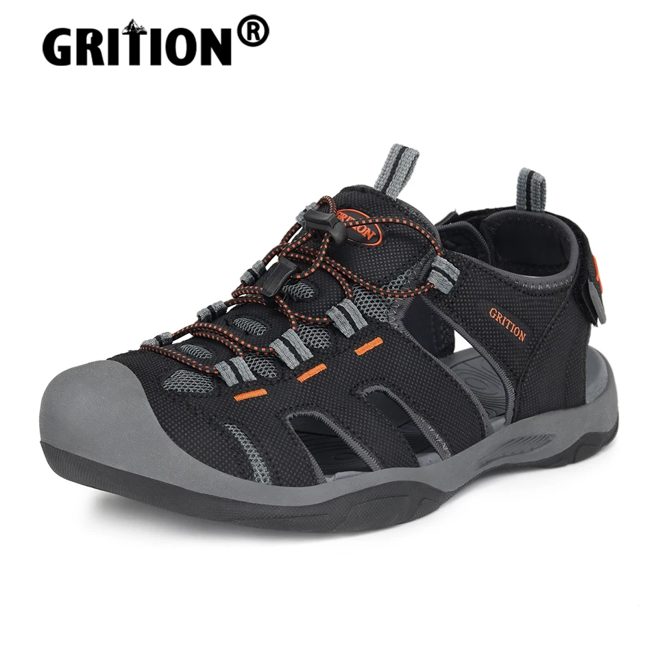 GRITION Men Sandals Summer Breathable Outdoor Hiking Beach Flat Male Shoes Comfortable Non Slip Rubber Sole Slippers Closed Toe