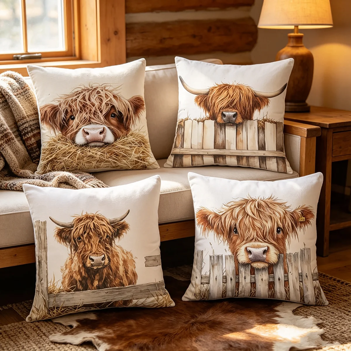 4PCS Digital Print Throw Pillows Highland Cow Wooden Fence Hay Pattern Farmhouse Home Sofa Decor Cushions