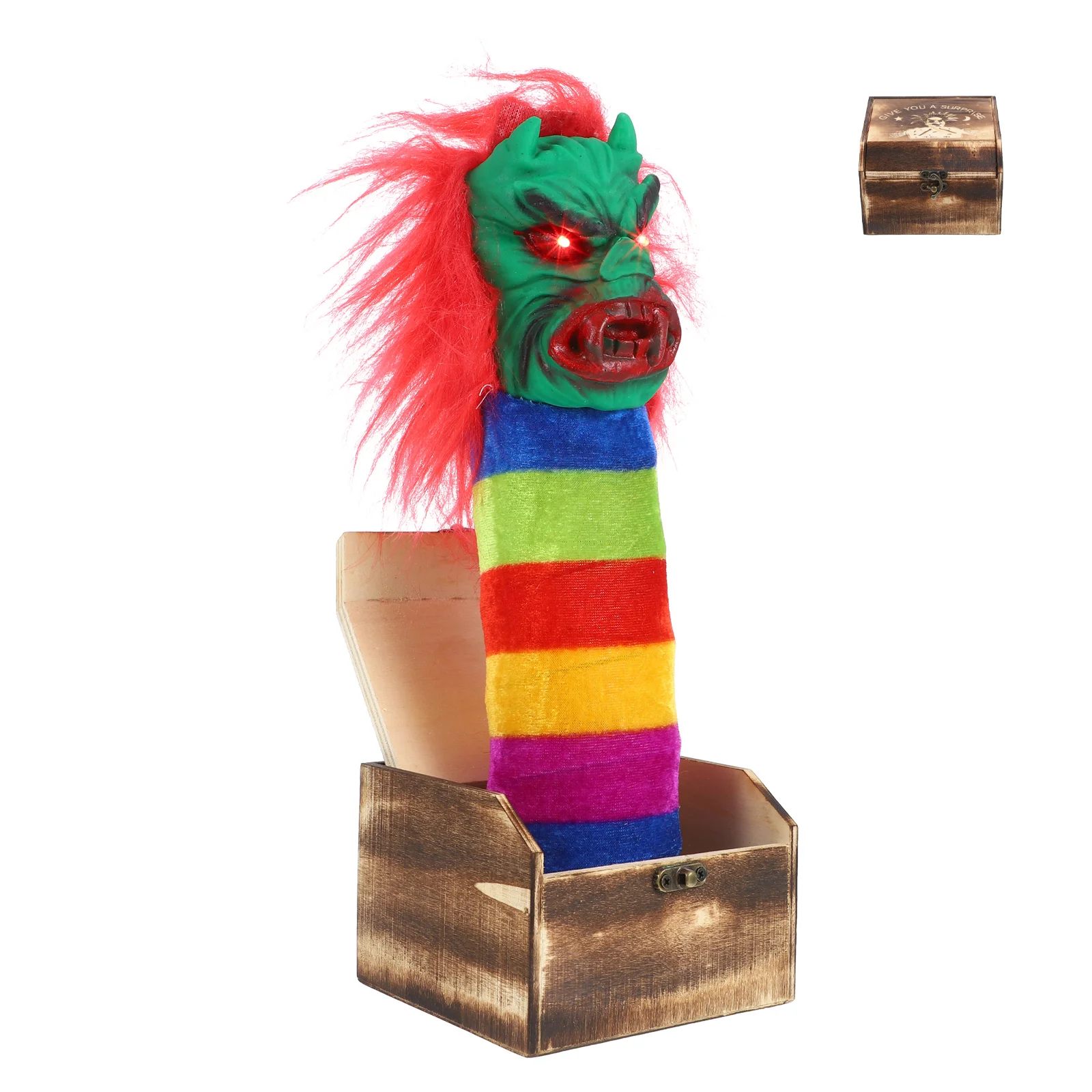 

1 шт., коробка для розыгрышей на Хэллоуин, деревянная страшная ведьма, забавная игрушка со звуком ужасов и светом без (красные волосы ведьмы с