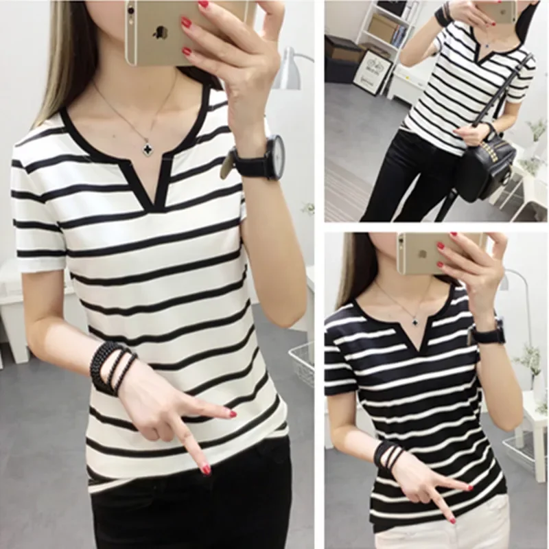

NICE Loose Fit Large Size Women's T-shirt Short Sleeve V-Neck Striped Base Shirt Comfortable Elastic Summer Top Female Fashion