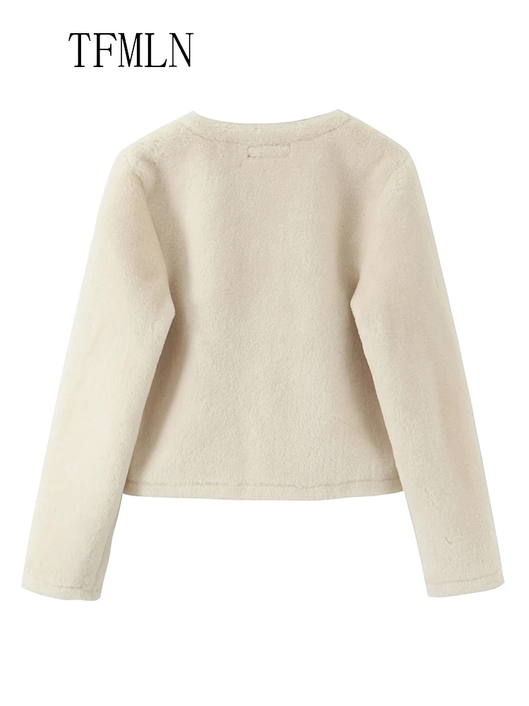 TFMLN 2025 冬 レディース フェイクファー 暖かいジャケット ファッション 長袖 シングルブレスト ラウンドネック コート シック レディース ストリートウェア トップス