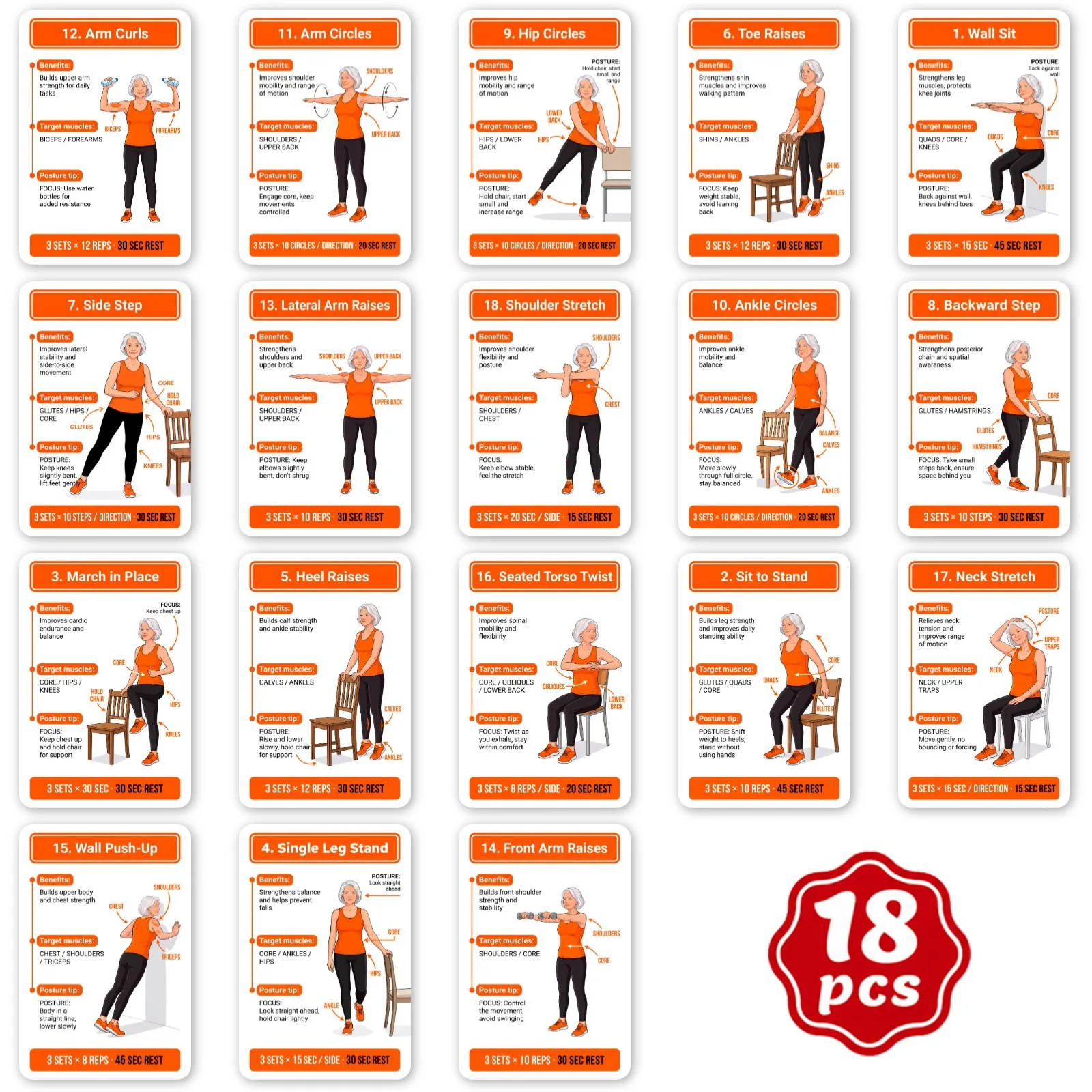 18 cartes de conseils pour les exercices de remise en forme des personnes âgées, exercices doux à faible impact, cartes d’instructions pour l’auto-apprentissage, cadeau attentionné pour les personnes âgées.