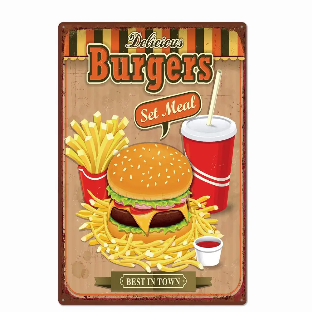 

Retro Design Delicious Burger Tin Metal Signs Wall Art | Thick Tinplate Print Poster Wall Decoration for Kitchen