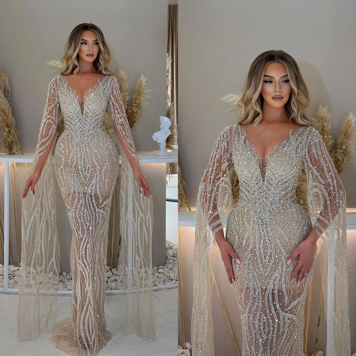 

Sexy Lllusion Mermaid Wedding Dresses With Batwing Sleeve Bridal Gown Shine Lace Brush Train Robe De Vestido Customized Size