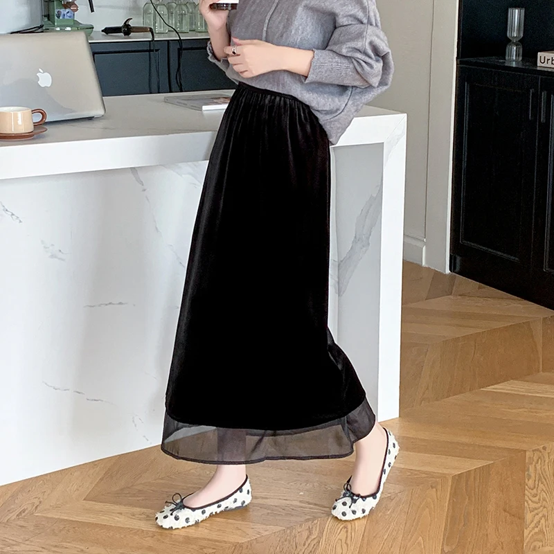 Jupe longue femmes 2025 automne hiver nouveauté taille haute élastique jupe marron ou noire avec jupes en velours Ling femmes