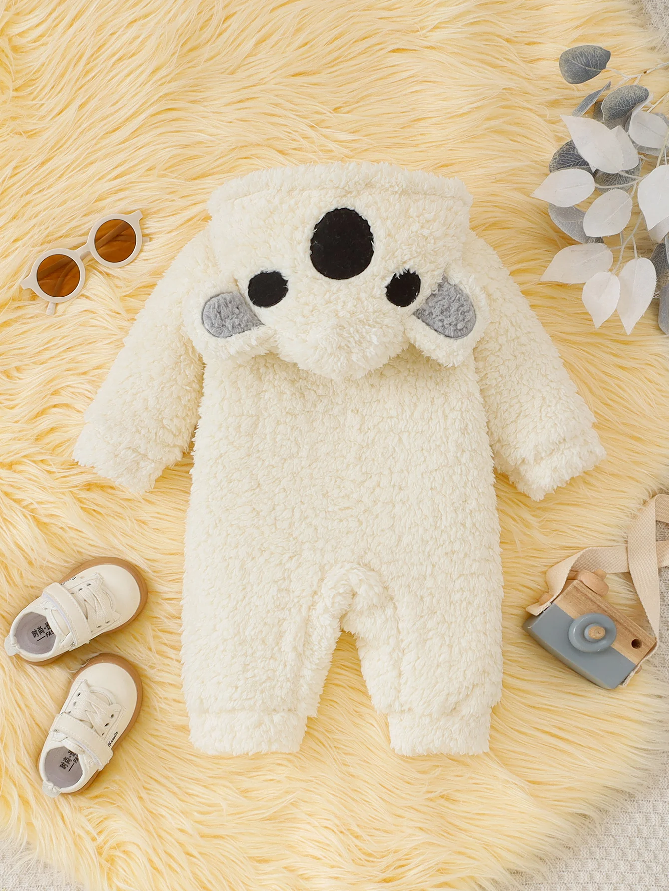 1Pc Baby Bear Hooded Romper, Thick Sherpa Fleece Zip Up Jumpsuit, Warm Unisex Infant Outfit, Cute Casual Home Outdoor Wear