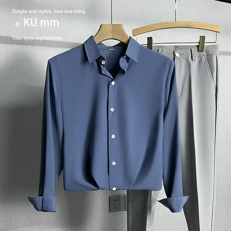 Japanese Men's 2024 Autumn New Spliced Square Collar Button Fashion Solid Color Minimalist Comfortable Casual Long Sleeve Shirts