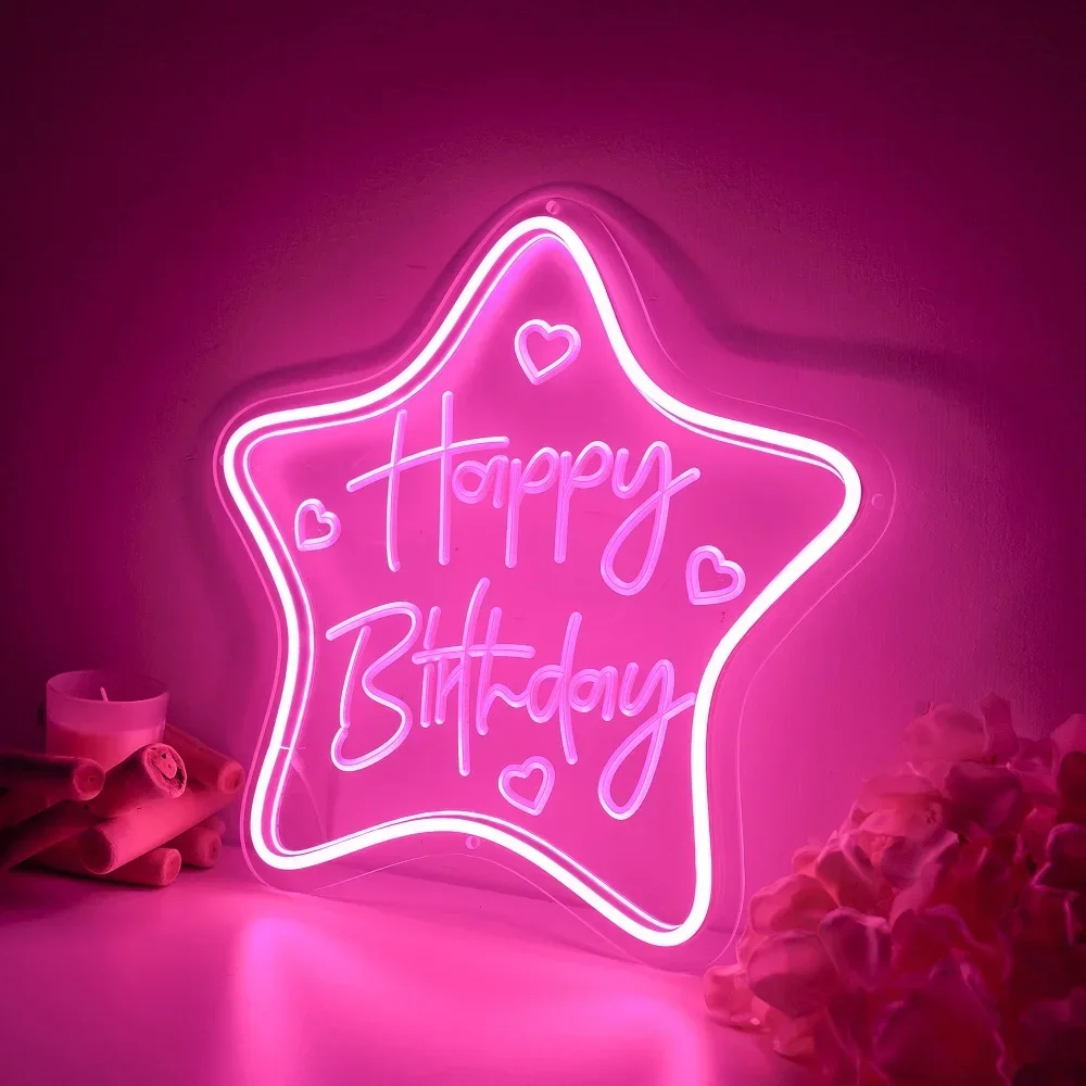 Feliz Aniversário Estrela Neon Grave Sign, Neon Personalizável Pessoal para Sala de Estar, Luz na Parede, Presente de Nascimento para Amigo