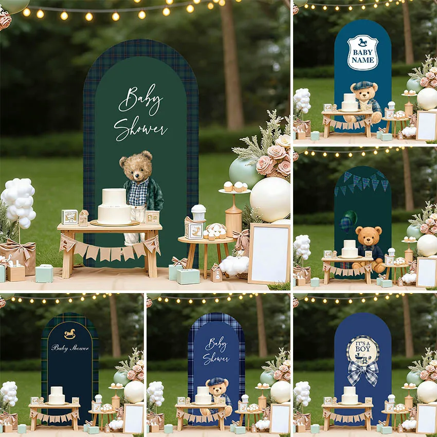 Mehofond Custom 2-Sided Blue Checked Theme Cute Bear Boys Birthday Party Baby Shower Cover Chiara Arch Background Decor Backdrop