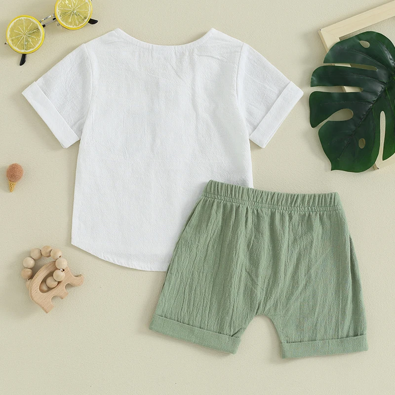 

Toddler Baby Boy Summer Outfits Linen Shorts Solid Short Sleeve Button Down T-Shirt Casual Clothes Set
