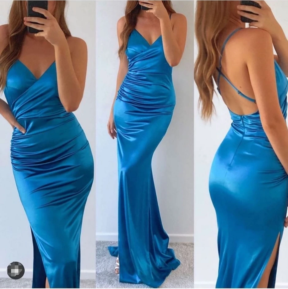 

Mermaid Slit Prom Dresses V Neck Spaghetti Strap Evening Dress Criss Cross Back withTrain Wedding Guest Dress Abendkleider