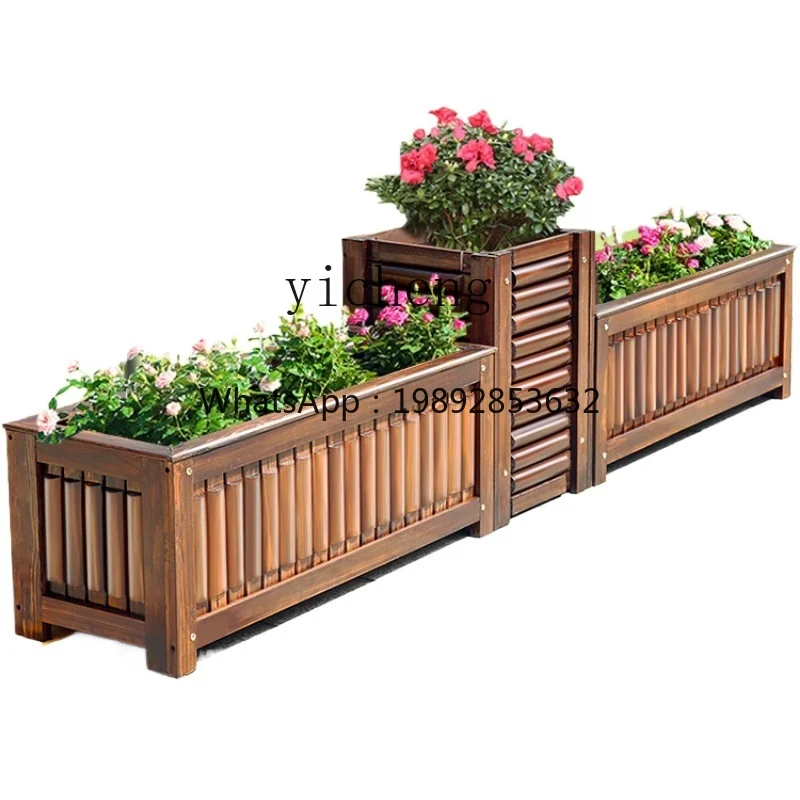 Antiseptic Wood Flower Box Outdoor Carbonized Solid Wood Planter Combination Flowerpot Garden Planting Balcony