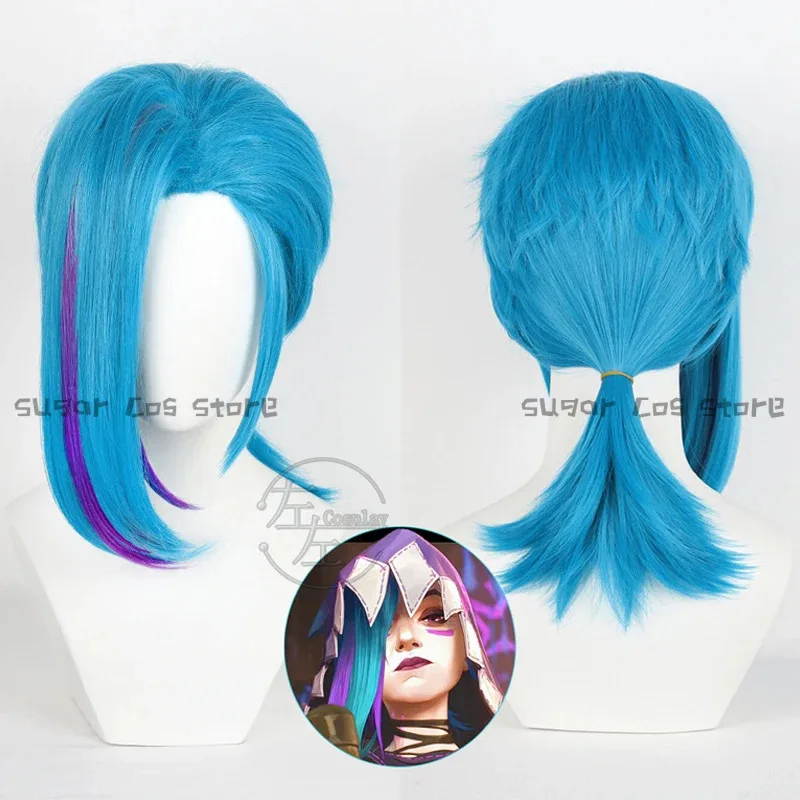 Game Arcane Season 2 Front Lace Wig Blue 45cm Bangs Short Heat Resistant Hair Jinx Cosplay Halloween Prop For Women - view 2