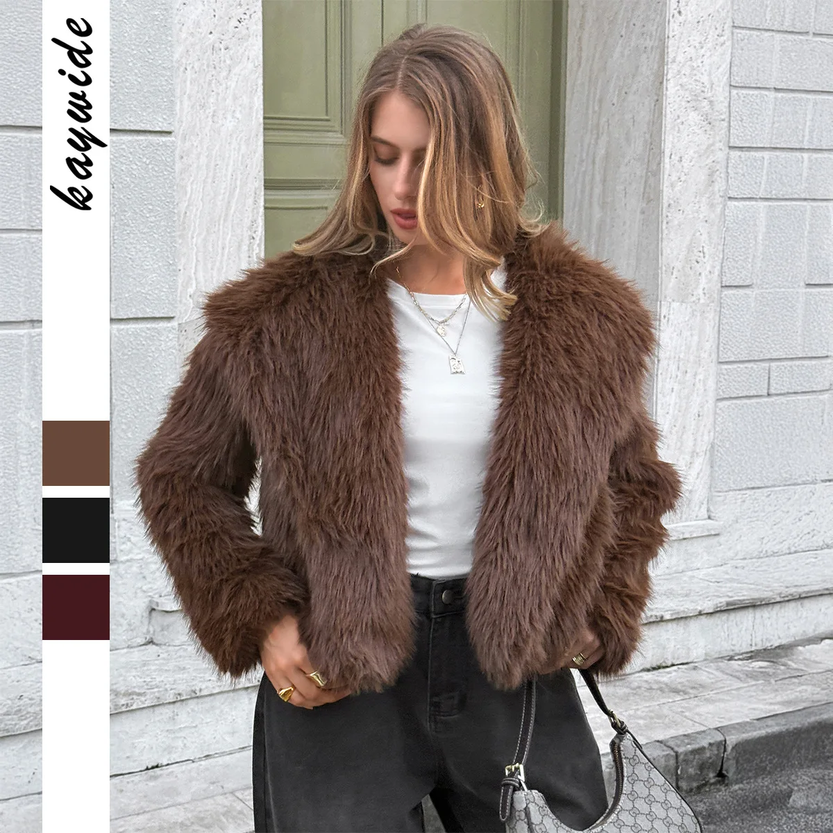 

Повседневное флисовое пальто в европейском и американском стиле на осень-зиму 2025 года с воротником с лацканами, однотонная верхняя одежда с длинными рукавами для женщин