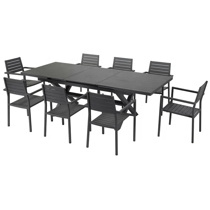 Extendable Modern Black Patio Restaurant 9 Piece Dining Sets Outdoor Garden Porch Aluminum Table and 8 Seater Chairs