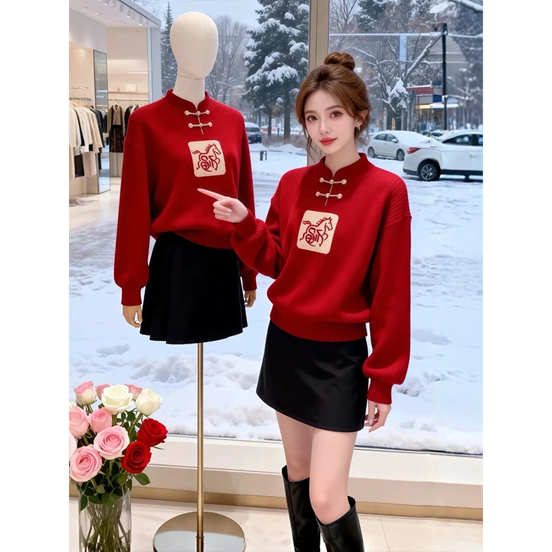 

Red Cisas Sle Knitted Sweater Women's Faion Casual Top New Chinese Sle Button Design Autumn Winter Beautiful irt