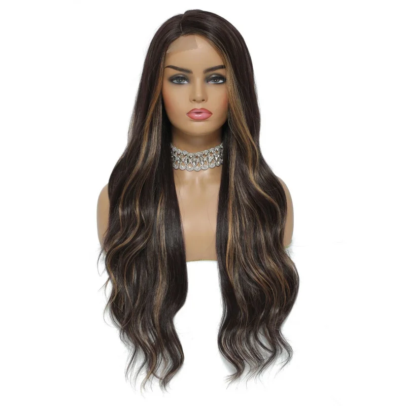 , European and American women's wig, front side-parted long curly synthetic hairpiece, small lace highlights, wigs