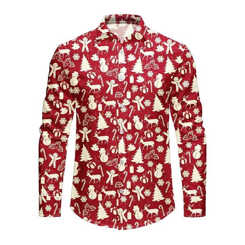 

Merry Christmas Formal Men Long Sleeve Shirt 3D Print Santa Claus Reindeer Pattern Button Shirts Family Party Popular Clothing