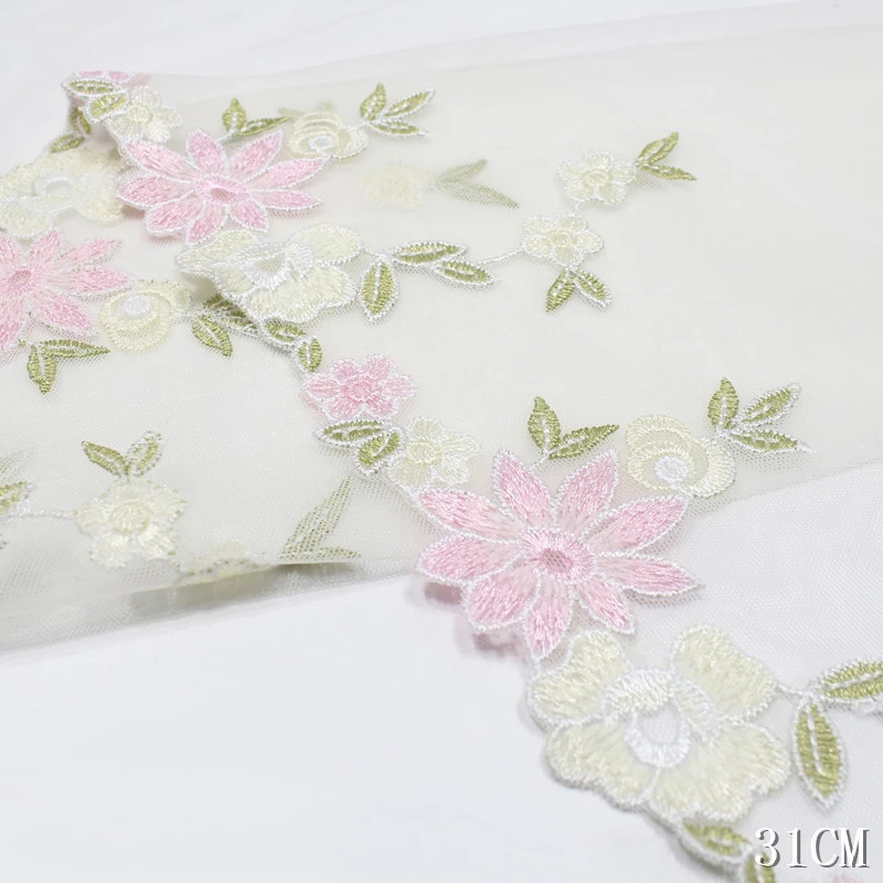 

28Yards Pink Flowers Edge Mesh Embroidery Lace Trimmings Dress Accessories Lace Fabric Sewing Crafts Doll Material 31cm Width
