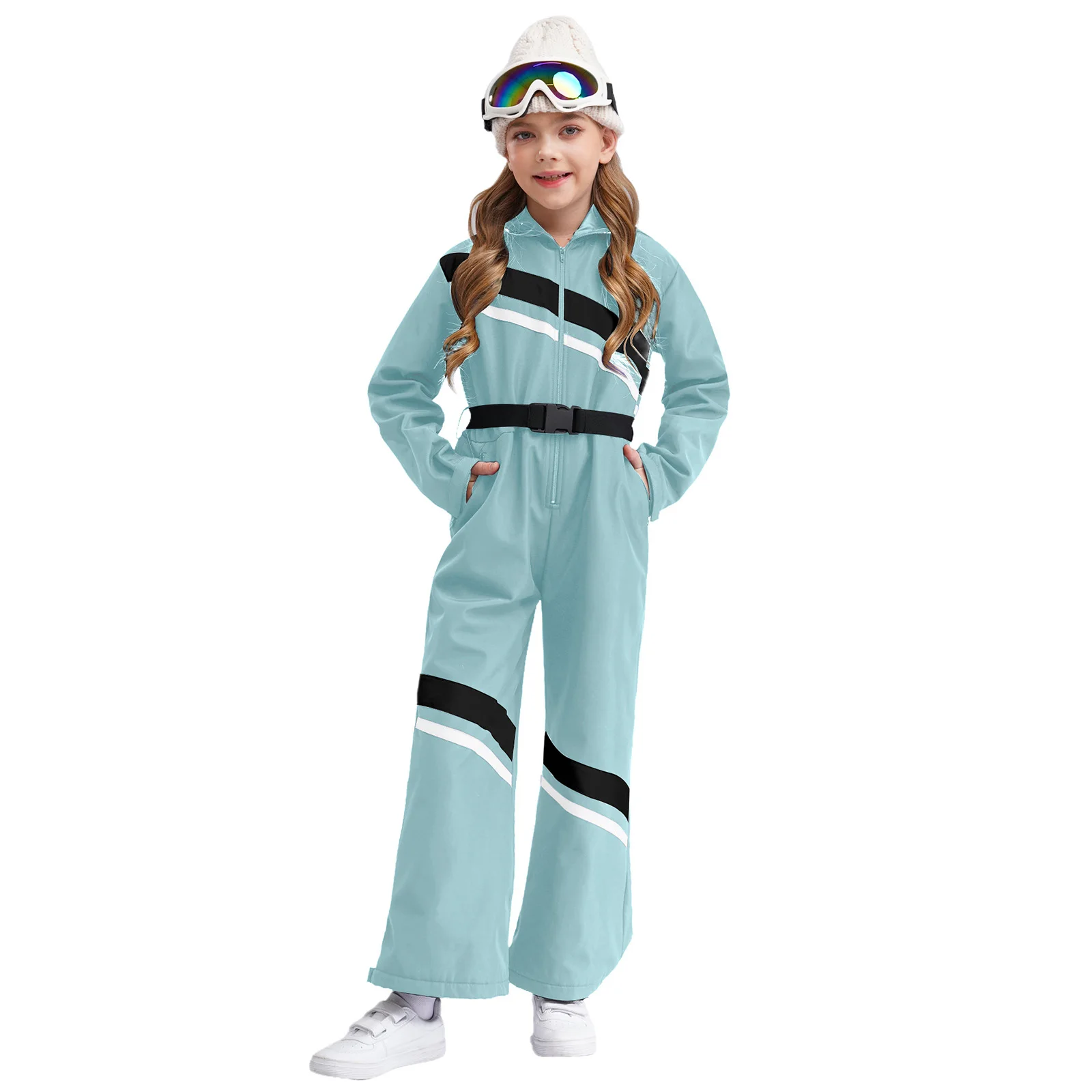 Kids Girls Ski Hooded Jumpsuit Pants Long Sleeve Zipper Color Block Bodysuit with Belt for Skiing Snowboarding Mountaineering