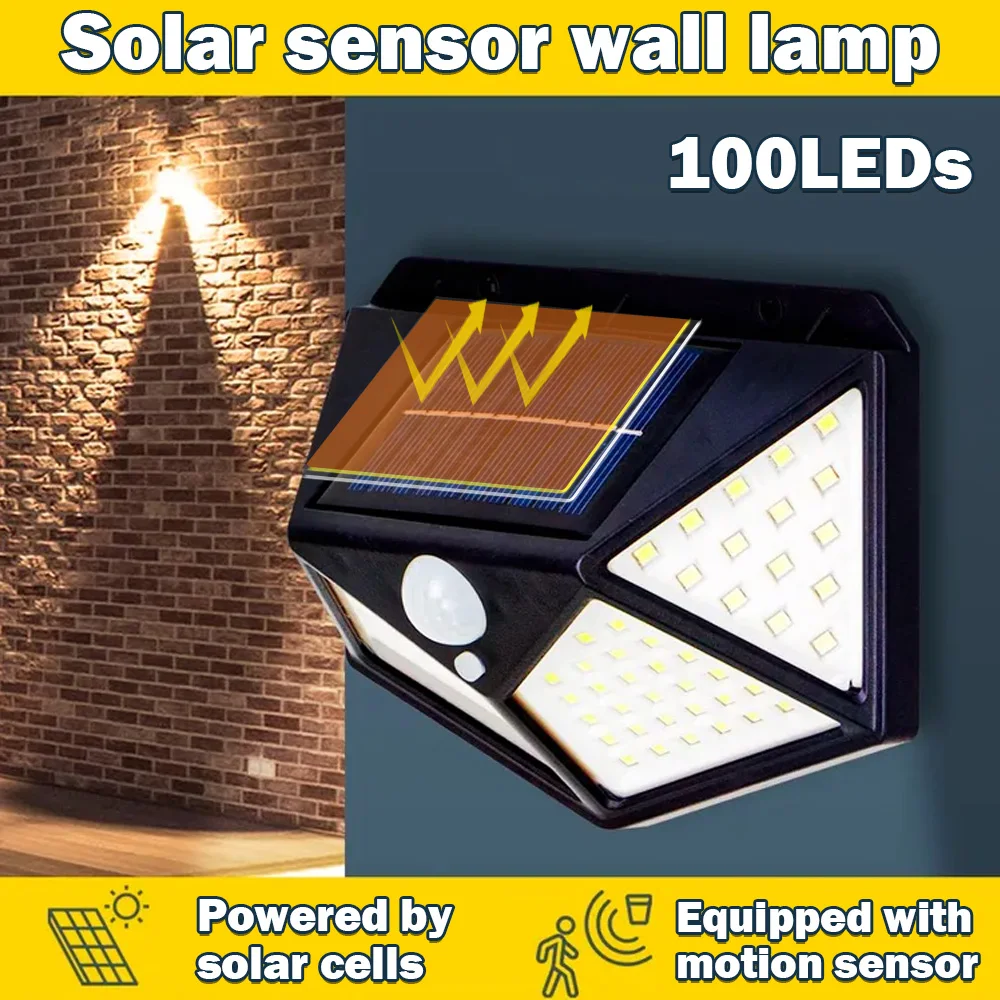 100LED Solar Lights Outdoor Waterproof PIR Motion Sensor Solar Powered Sunlight Street Light for Fence Garage Garden Decoration