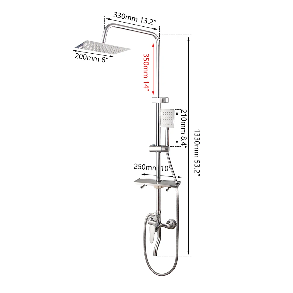 Monite 8 Inch Rainfall Chrome Polish Shower Faucet Wall Mounted Bathroom Shower Set Adjust Height Handheld 3 Ways Mixer Faucet