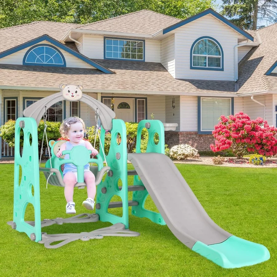 Glijbaan en schommelset voor peuters 4-in-1 Play Climber Slide Speelset met balhoepel Extra lange glijbaan Extra bal Babyschommel voor binnen en buiten