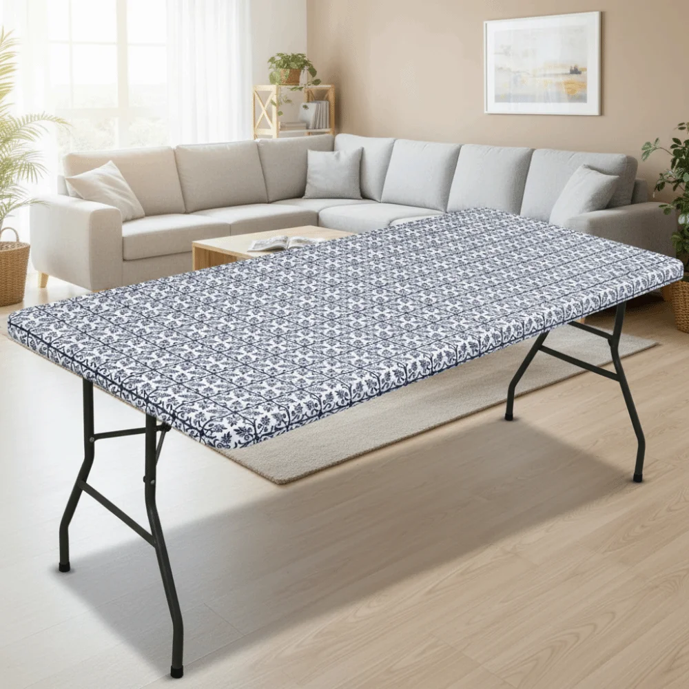 Rectangular Baroque Print Elastic Fitted Tablecloth Waterproof Scratch Proof Elastic Table Sheet Washable Heat-resistant