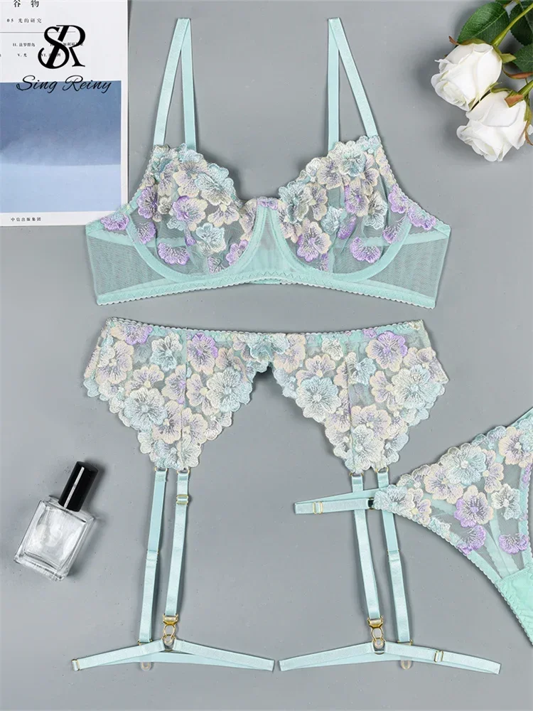 

SINGREINY High Quality Floral Sheer Sexy Bra&Brief Sets Transparent Club Slim Shapewear Women Embroidery Amatory Underwear Suits