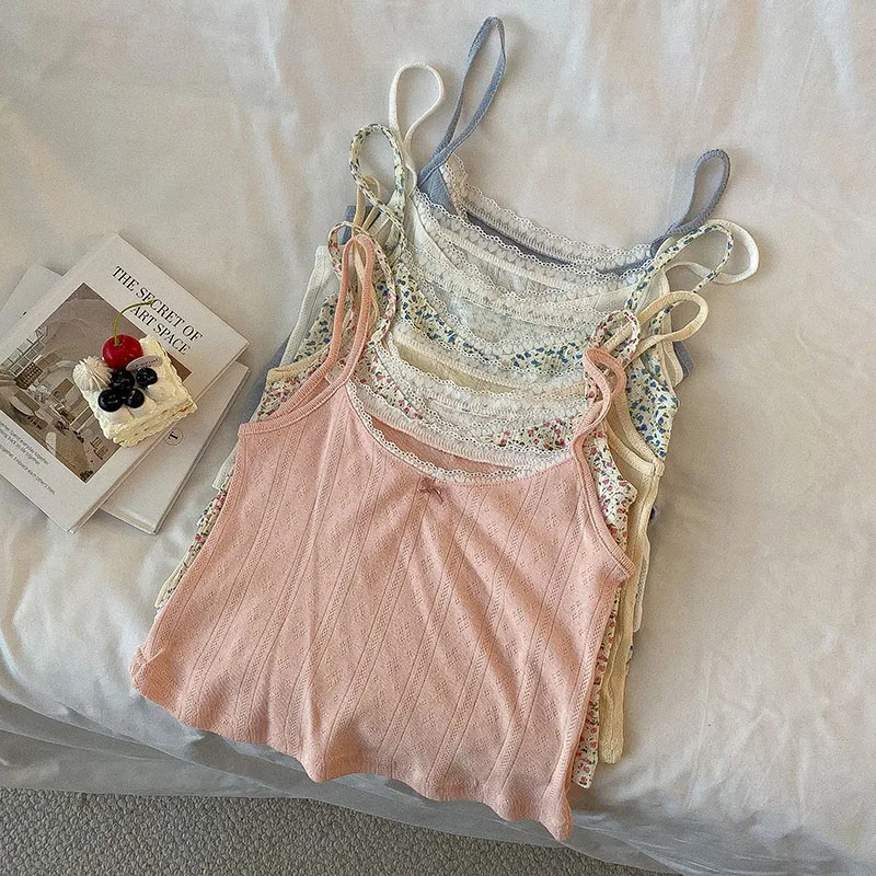 Vintage Sexy Lace Floral Print Camisole Women Vest 2022 Summer New Casual Elegant Bow Short Slim Cute Bottoming  Women Camis