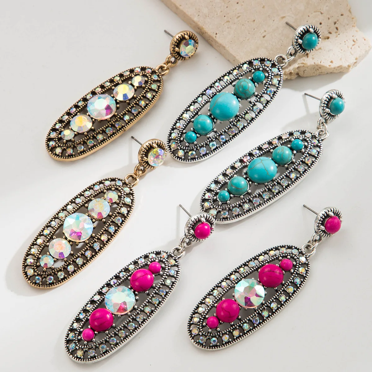 Homing retro western style earrings women's hollow long exaggerated diamond-encrusted turquoise earrings simple earrings