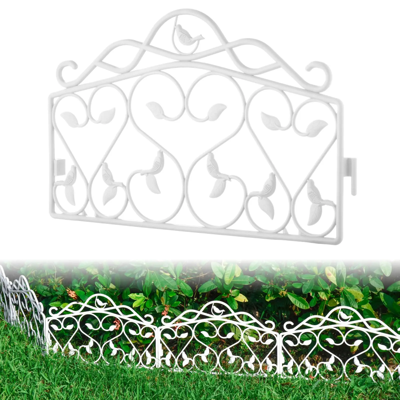 Decorative Garden Border Plastic Edging – PP Plastic, Short Metal-Free Faux Wrought Iron Leaf & Bird Design, 16pcs Yard