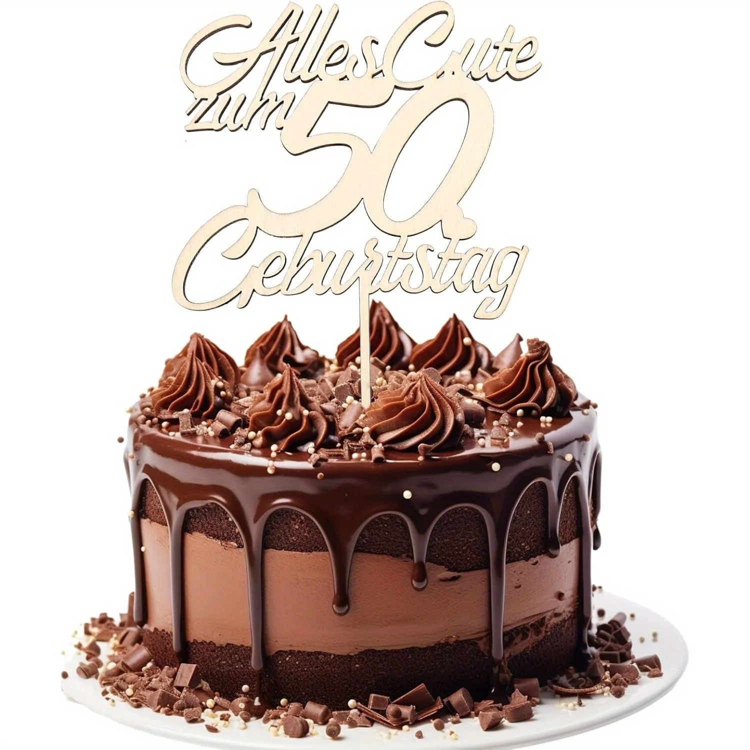 1 Stück Holz-Kuchenaufsatz zum 50. Geburtstag – Kuchendekorationszubehör für Männer/Frauen – Happy 50th Cake-Topper – Deutsch