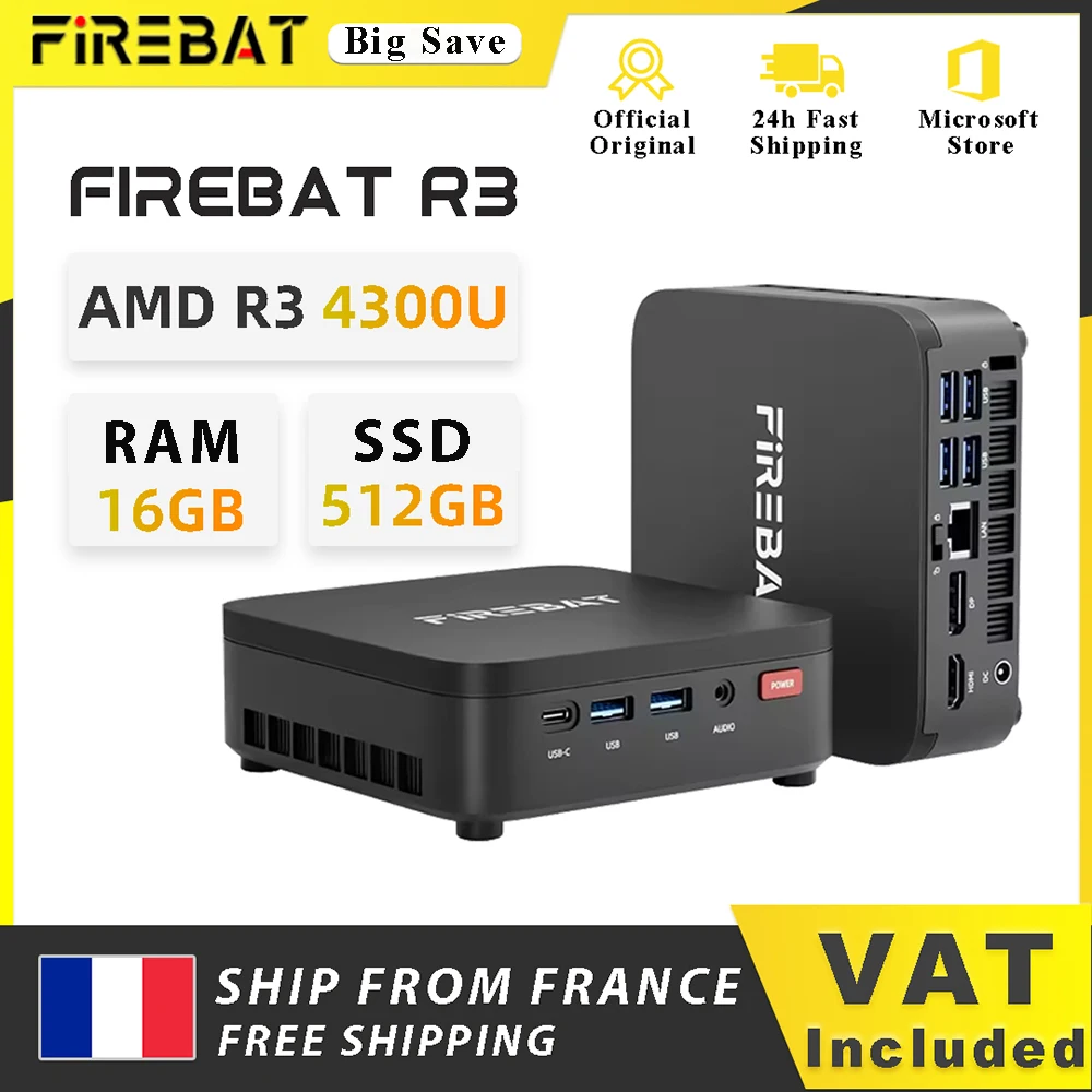 Firebat R3 Mini Pc Amd Ryzen 3 4300U 16Gb Lpddr4 Ram 512Gb M.2 Sata Ssd Windows 11 Pro Wifi 6 & Bluetooth 5.2 Desktop Mini Computer voor Kantoorontwerp en Thuisentertainment
