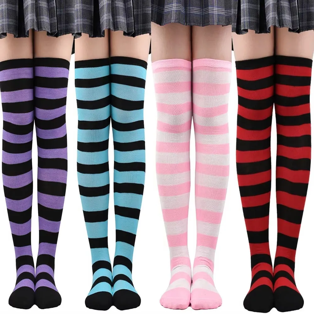 

1pairs Color Striped Stockings Over Knee Socks Fashion Women Keep Warm Soks Sexy Slim Long Soks Black White Striped Hosiery