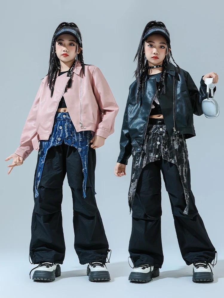 Children Jazz Dance Costume Girls Pink Black Leather Jacket Cargo Pants Modern Kpop Street Dance Performance Stage Wear BL13530
