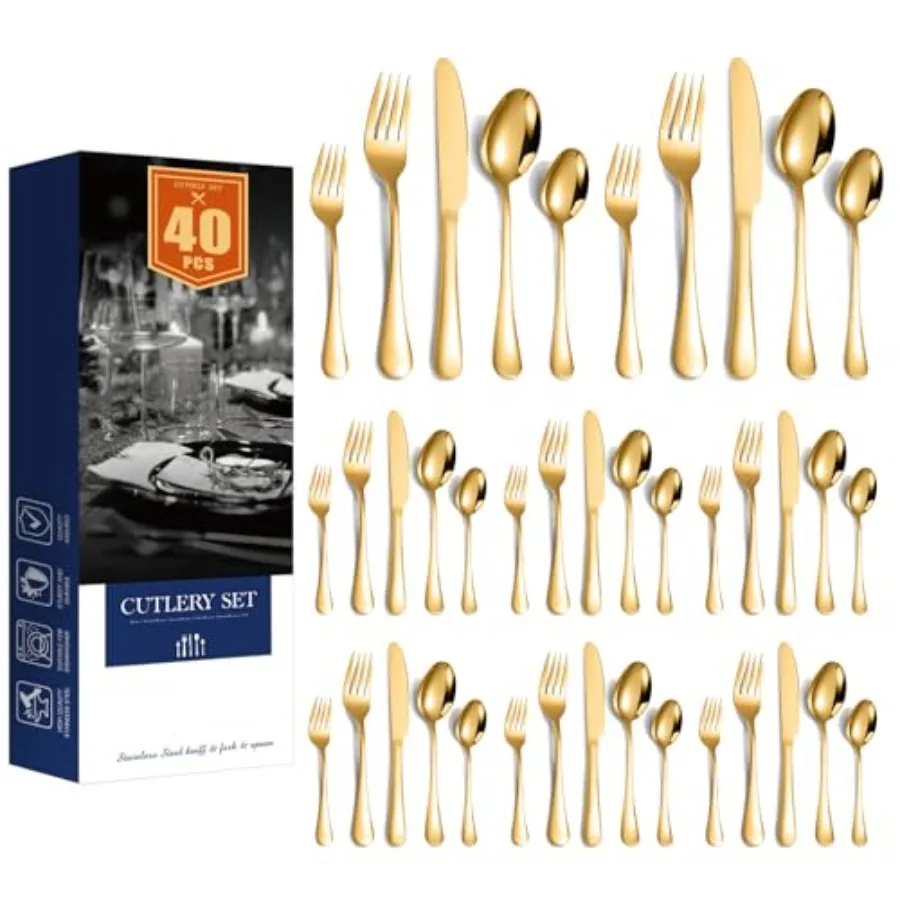 

40 Pieces Stainless Steel Cutlery Set: Dinner Cutlery - Tableware Cutlery Utensils with Forks/Spoon