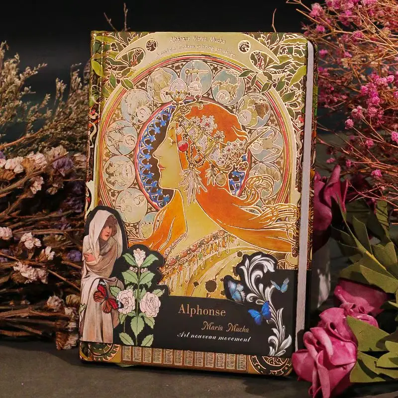 Retro A5 Notebooks,Mucha Girlish Oil Painting Hardcover Diary,Hand Ledger,Hot Stamping,Exquisite And High-Value Notepad