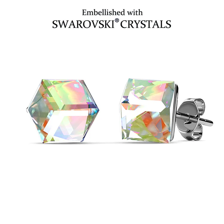 Daisini Geometric Stud Earrings for Women, Hexagon Swarovski Crystals, Aurora Borealis and Bermuda Blue, Dainty Jewelry Gift