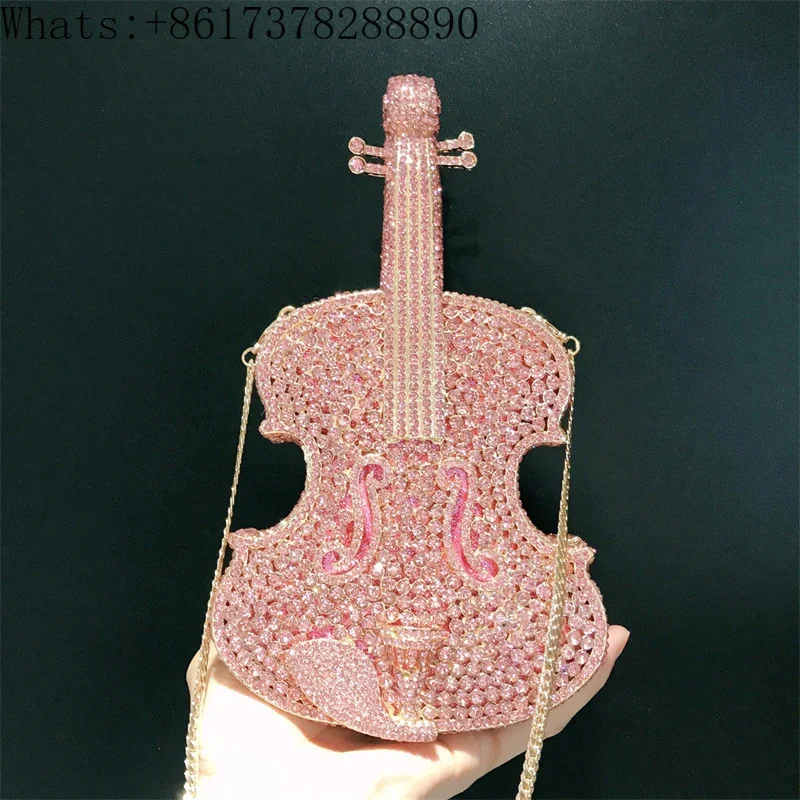 2024 New Violin Diamond Set Banquet Bag Cross border Women's Bag Color Contrast Crossbody Bag Europe and America