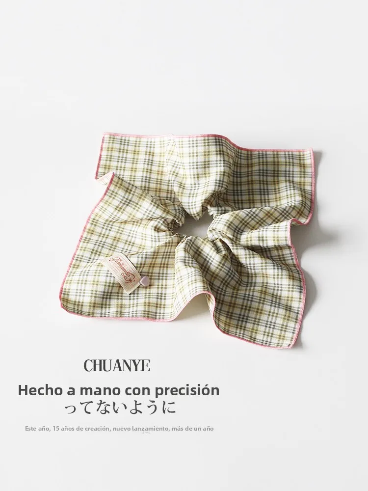 Pañuelo Cuadrado Kawano Estilo Japonés con Rejilla Verde y Borde Rosa, Lazos para el Cabello para Niñas, Bandas para el Cabel...