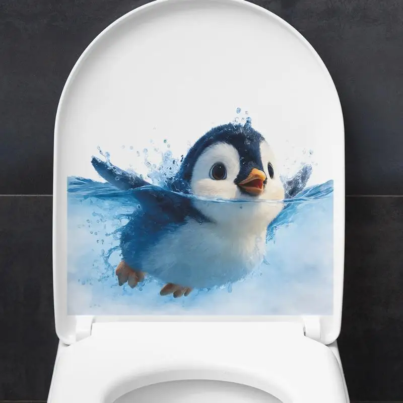 Cute Cartoon Swimming Penguin Toilet Lid Sticker Waterproof Self-Adhesive Funny Decal for Home Bathroom Decor