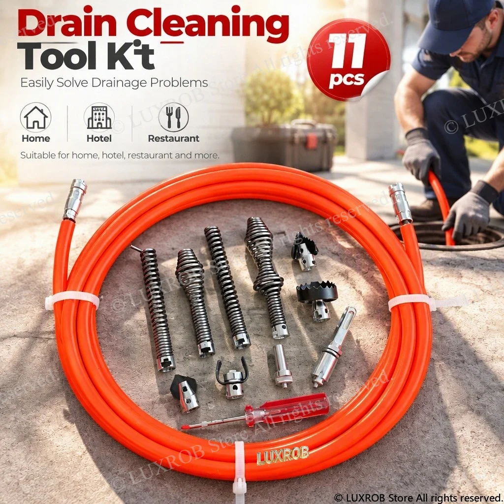 Drain Cleaning Tool Kit 65Mn Steel Drain Auger Flexible Pipe Snake Sewer Clog Remover with Drill & Hammer Bit for Home Plumbing