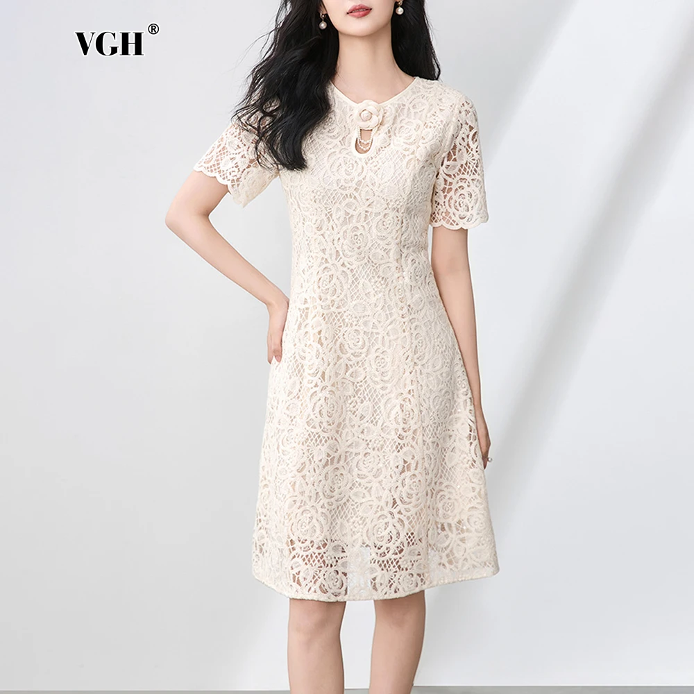 

VGH Solid Embroidery Sexy Spliced Appliques Dress for Women Round Neck Short Sleeves High Waist Temperament Dresses Female New