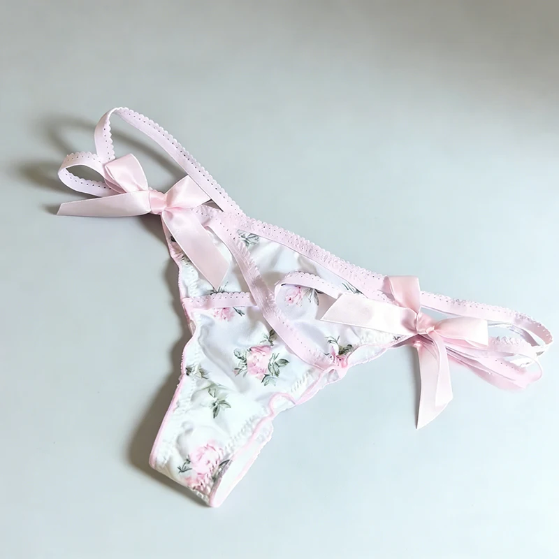 Braguitas de Tanga con Volantes, Bonitas y Dulces, de Satén Suave, con Estampado Floral, Tanga con Tirantes Cruzados y Lazo, de Tiro Bajo