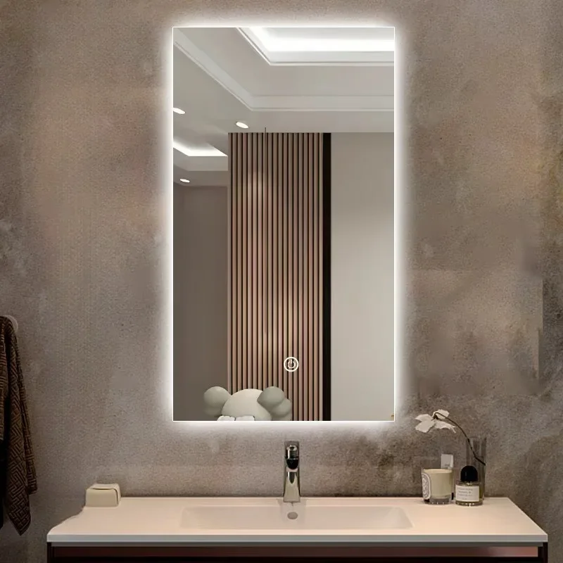 

Laminated Mirror Wall Hanging Wall Luminous Touch Screen Anti-Fog Mirror Modern Simple Right Angle Smart Bathroom Mirror Vanity