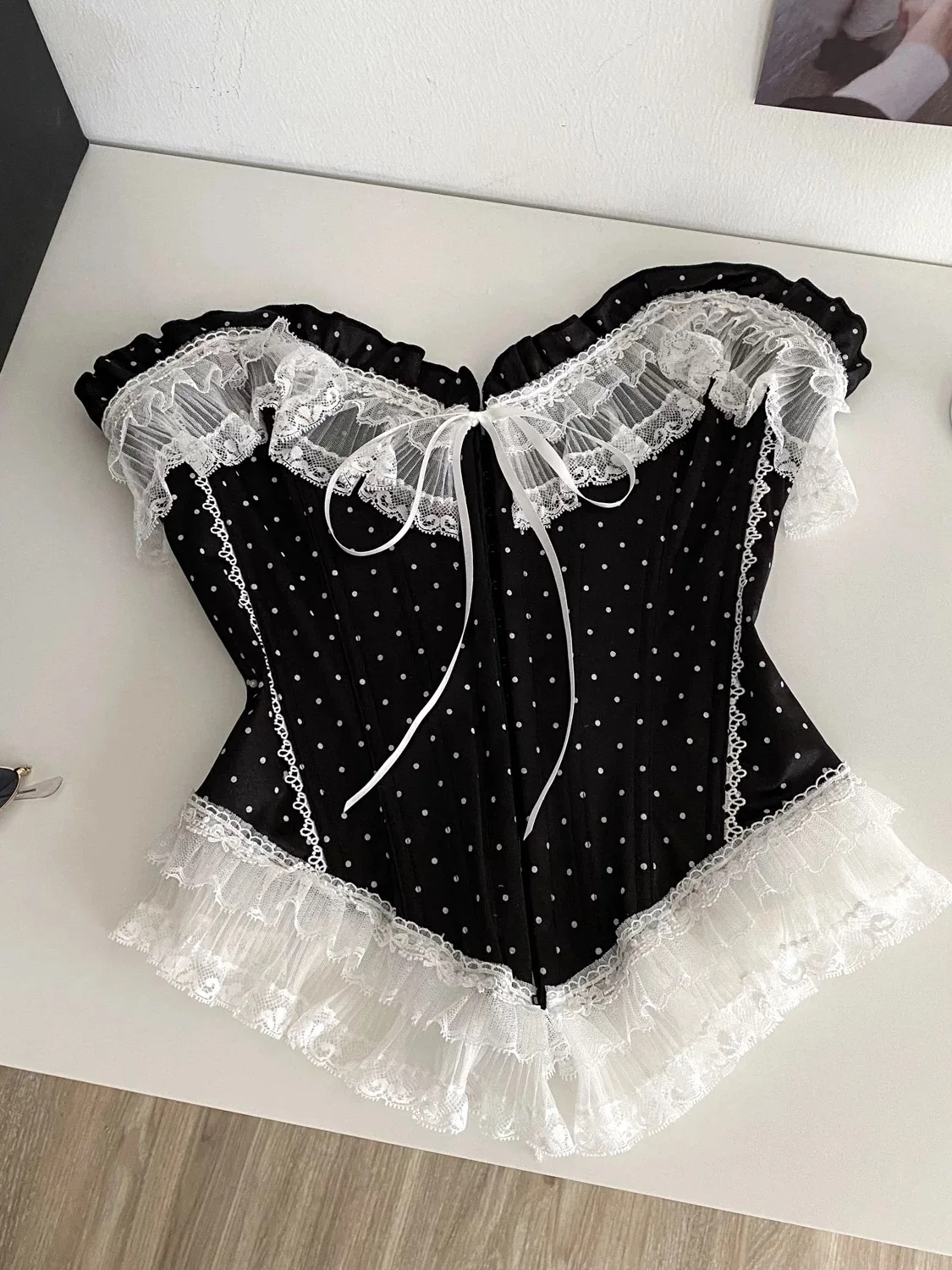 

French court polka dot lace tube top corset, elegant and sweet slim corset, holiday party and banquet attire